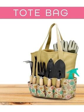 Canvas Garden Tote Bag in Khaki with Floral Tool Organizer
